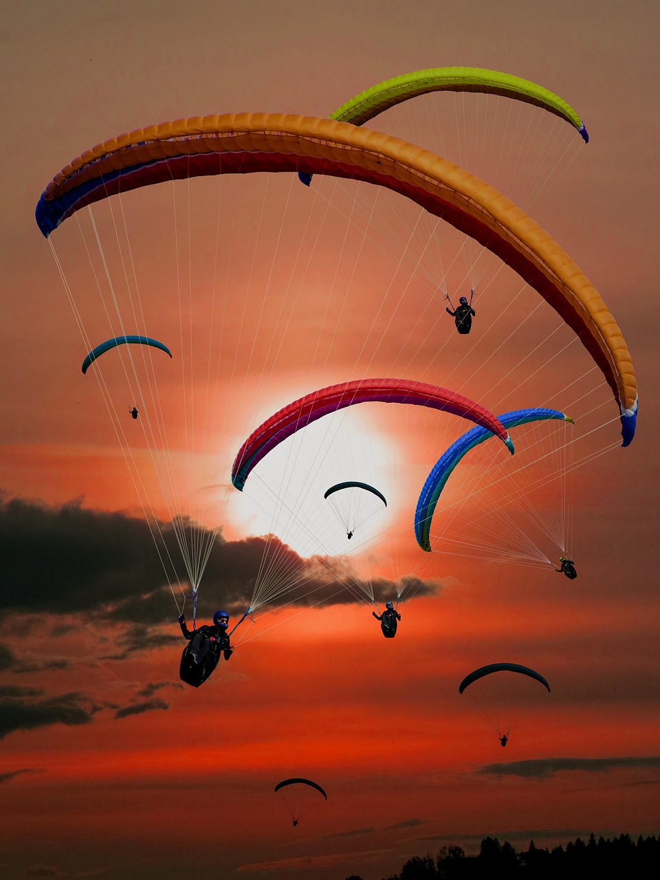 Home paraglider, paragliding, nature, flying, sun, sunset, evening atmosphere, adventurer, sports, backlighting